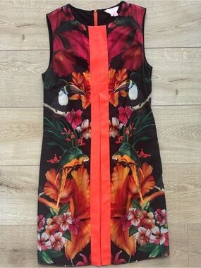 Ted Baker Sleeveless Floral Print Shift Dress in Black and Coral Barbee Tropical